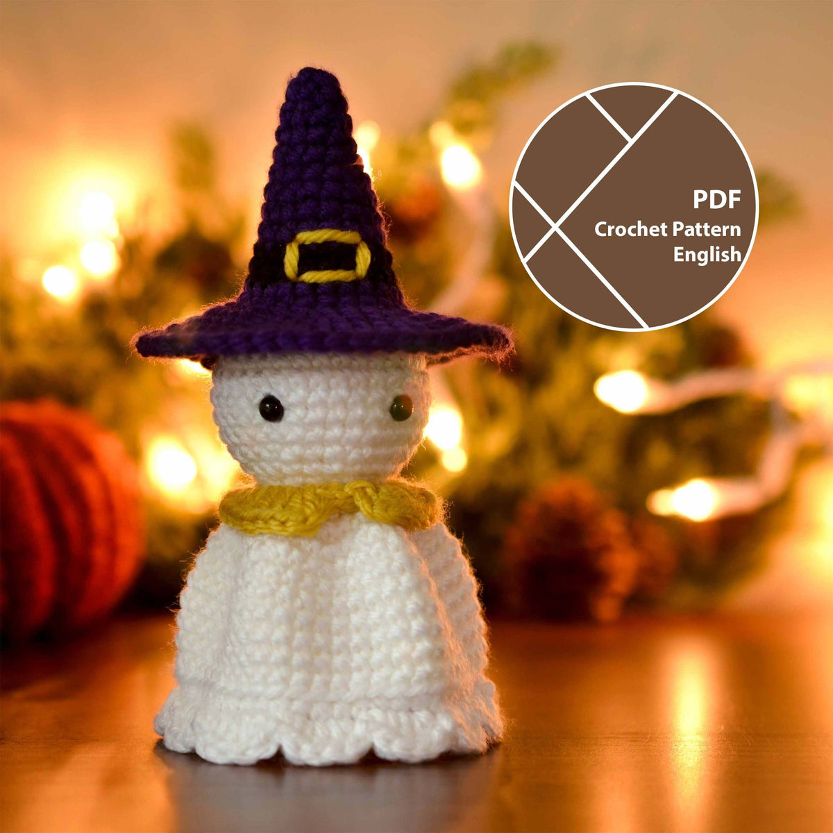 Crochet pattern for making a ghost amigurumi, with a witch's hat in purple and a yellow collar, displayed against a Halloween-themed background.