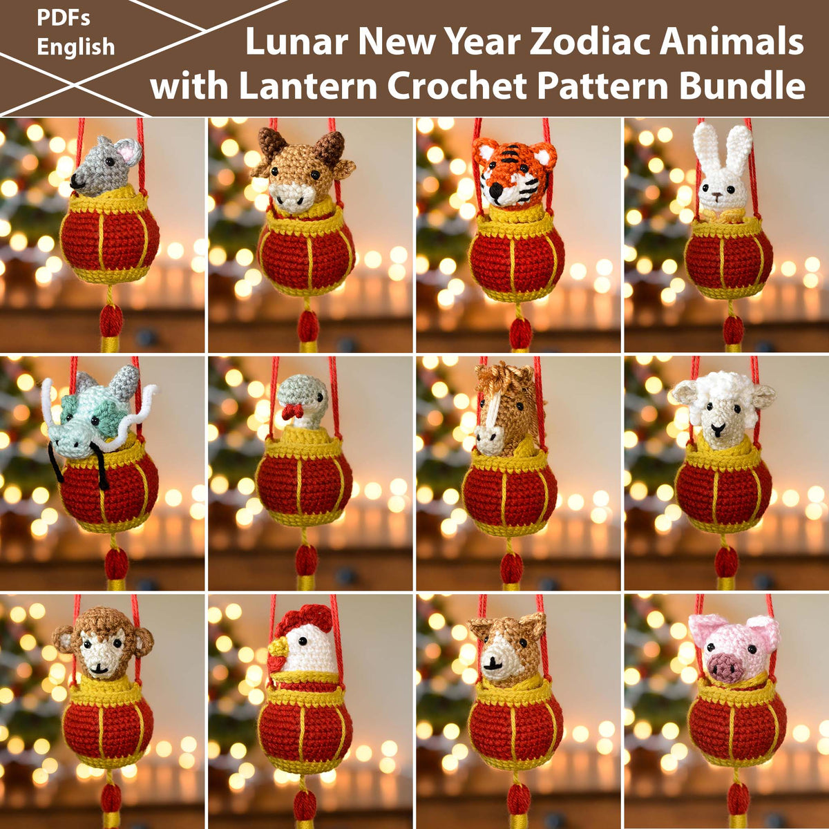 12-in-1 Lunar New Year Zodiac Animals with Lantern Crochet Pattern Bundle
