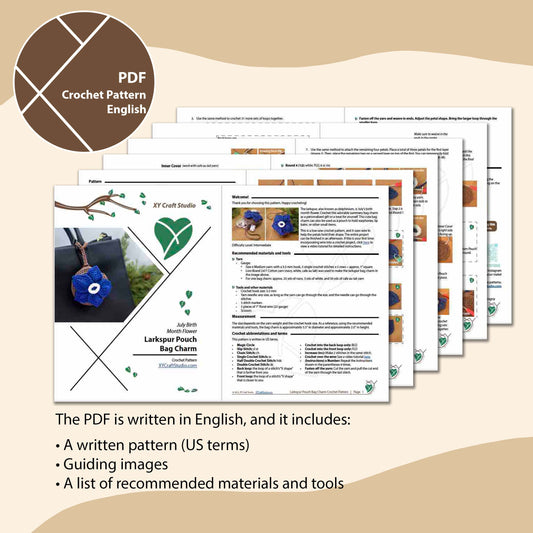 PDF page mock up for Larkspur Pouch Bag Charm crochet pattern