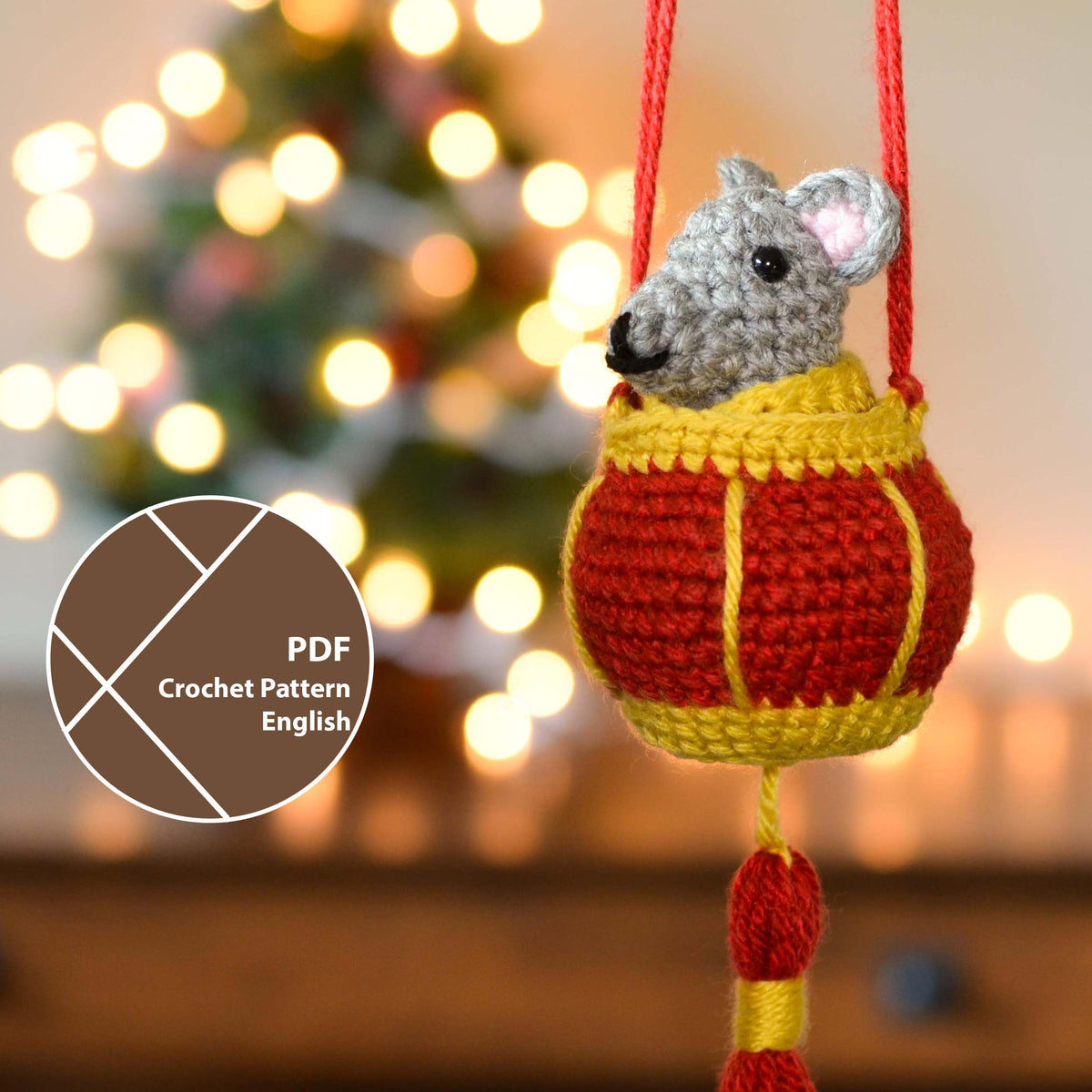 crochet pattern for lunar new year mouse ornament and a red lantern -- a label on the left indicate that this listing is a crochet pattern PDF, written in English.