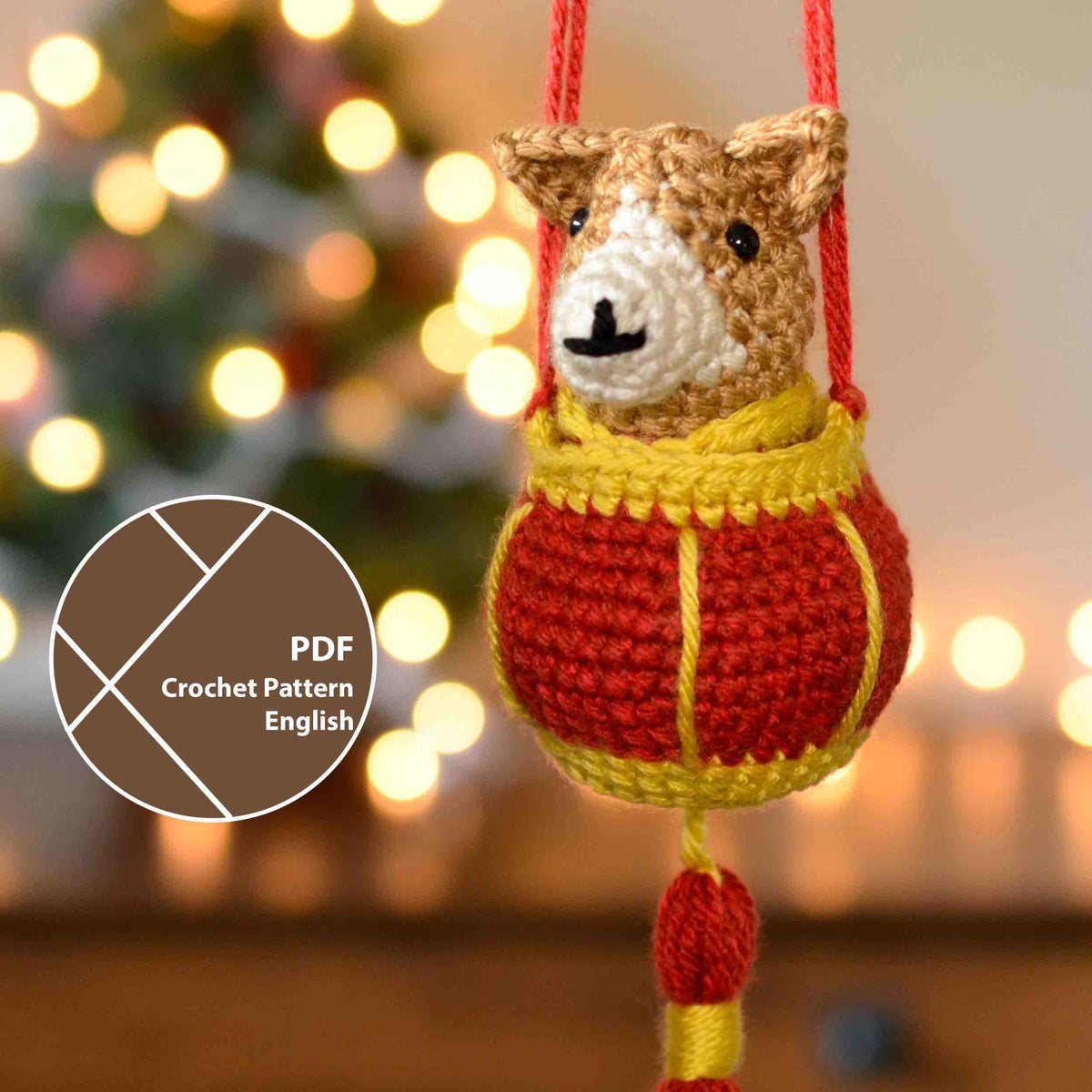 A crochet pattern for making a dog and a red lantern. The set is an ornament for celebrating Lunar New Year. A label on the top right corner indicates that this listing is a crochet pattern PDF written in English.