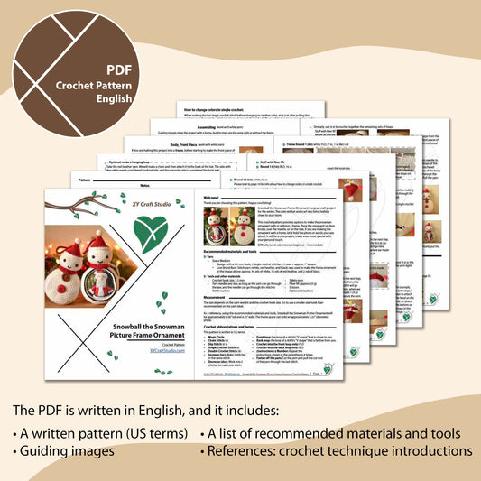 Snowman picture frame ornament crochet pattern PDF sample page preview