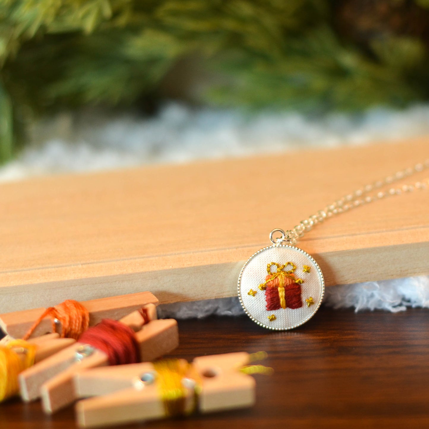 Gift Box Necklace (Hand-Embroidered)