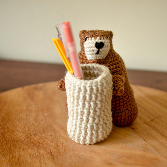 Crocheted Groundhog Pen Holder, Amigurumi