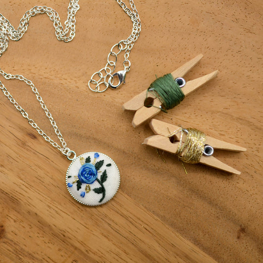 Botanical Embroidery Necklace, Hand-Embroidered Floral Design