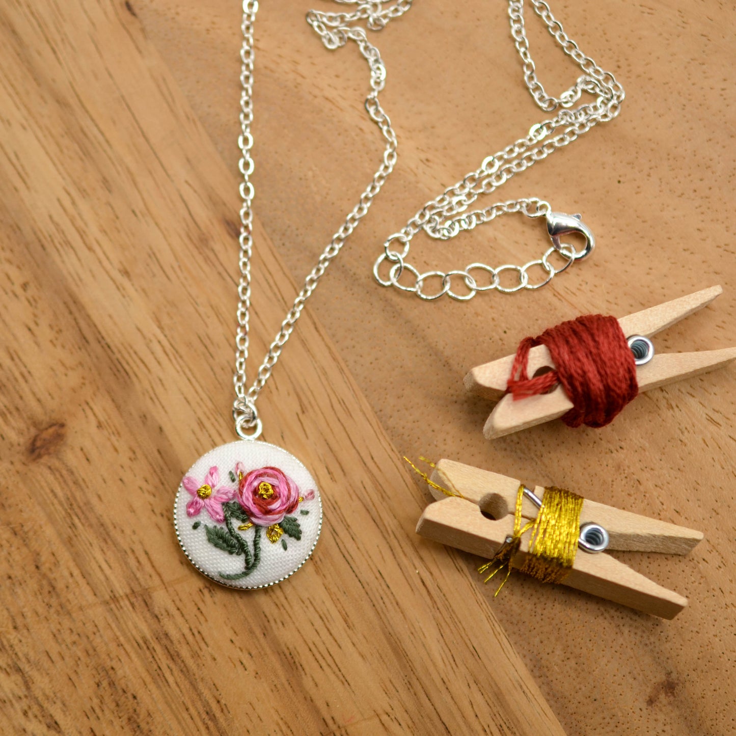 Botanical Embroidery Necklace, Hand-Embroidered Floral Design