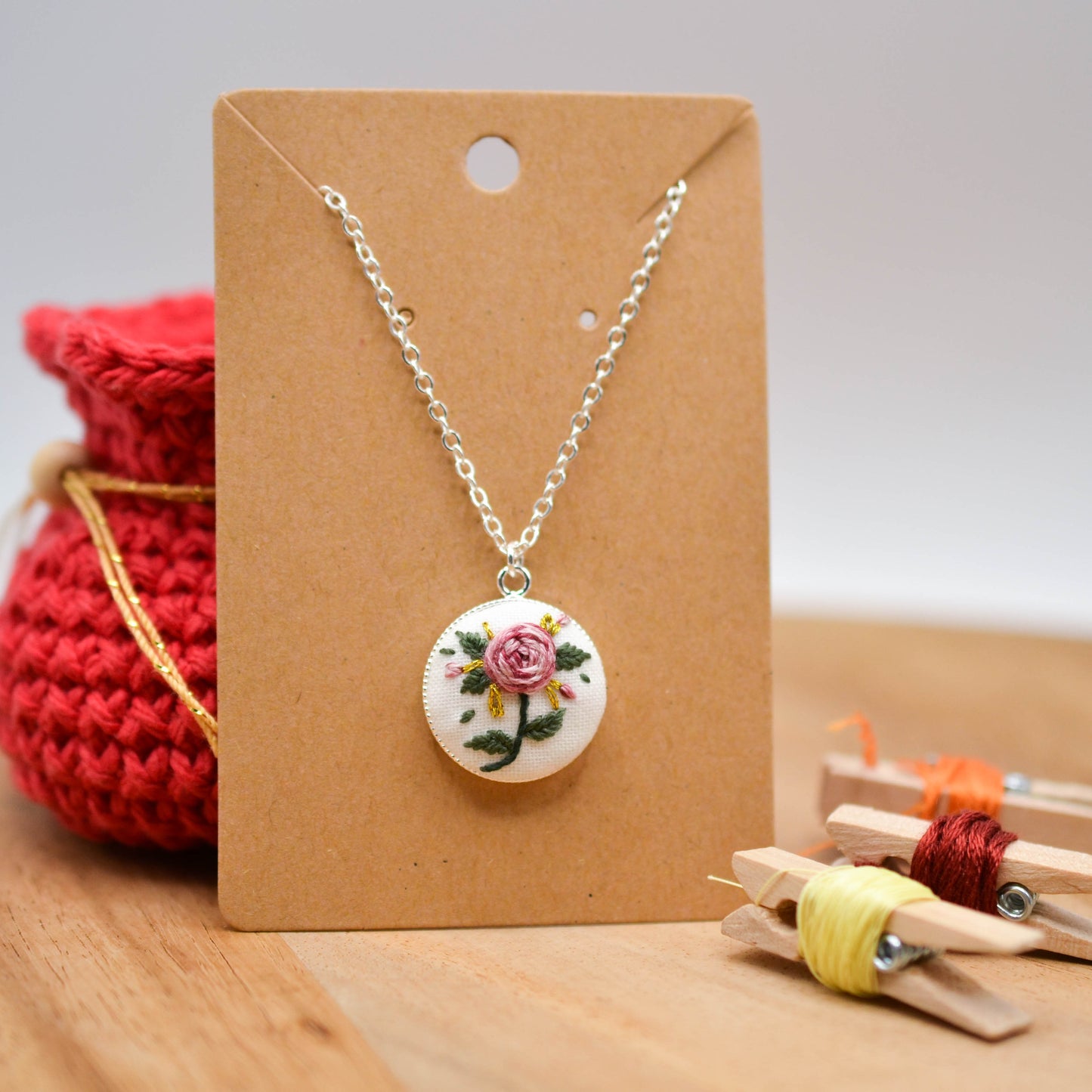 Botanical Embroidery Necklace, Hand-Embroidered Floral Design