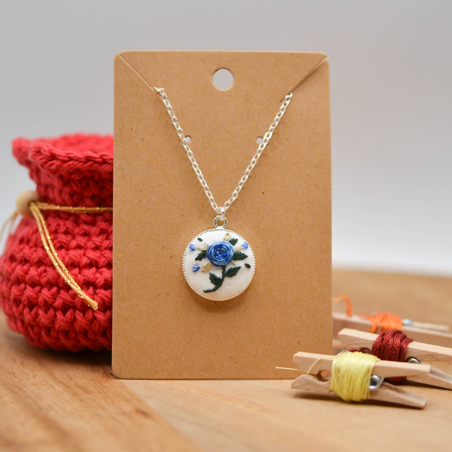 Botanical Embroidery Necklace, Hand-Embroidered Floral Design