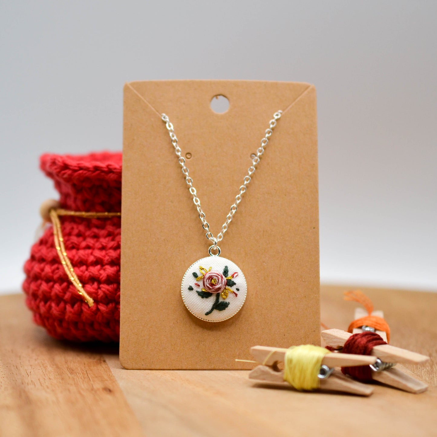 Botanical Embroidery Necklace, Hand-Embroidered Floral Design