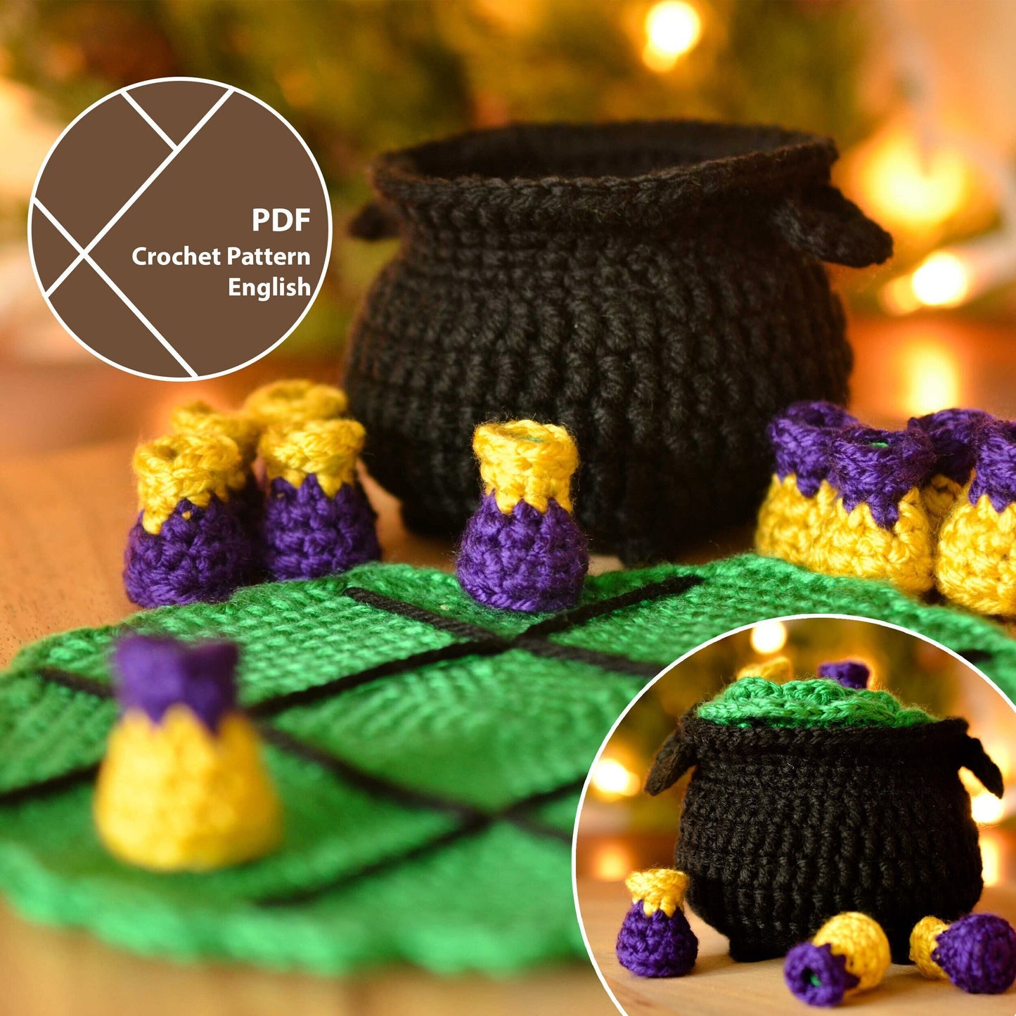 Halloween Crochet Pattern: Cauldron with a Tic-Tac-Toe game (PDF)