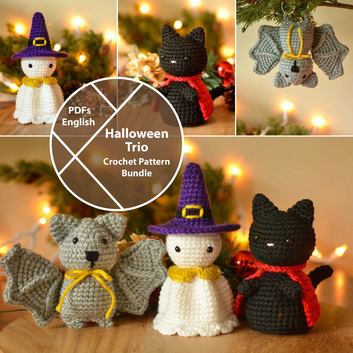 Halloween Crochet Pattern Bundle: Ghost, Black Cat, and Bat Amigurumi