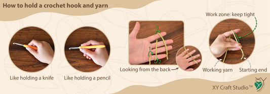 demonstration of holding a crochet hook and yarn