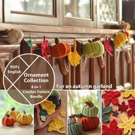 A collection of crocheted autumn-themed garland ornaments including a pumpkin, ginkgo leaf, and maple leaf, displayed along a wooden surface. The image indicates that the patterns for these ornaments are available as a PDF download.