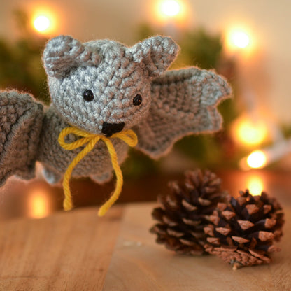 A Halloween Bat made by following a crochet pattern. 