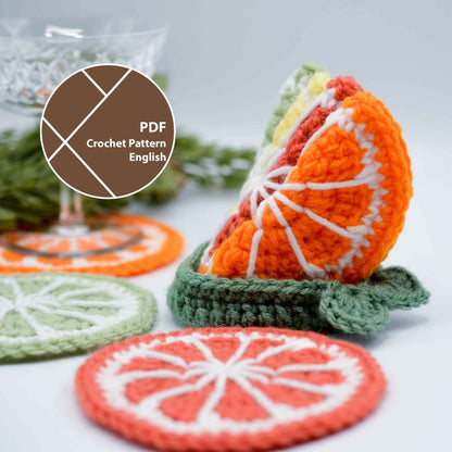 Crochet pattern for a set of citrus fruit coasters. The pattern includes instructions for making a lime, orange, and grapefruit coaster. The pattern is available in PDF format and is written in English.