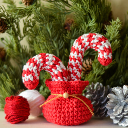 Two red and white striped candy canes are placed in a red crocheted bag. The bag is sitting on a white surface.