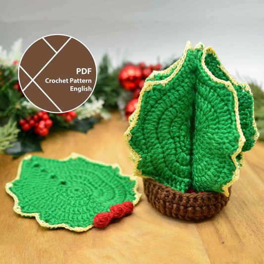 A set of crocheted holly leaves with berries coasters, placed on a wooden surface with a festive background.