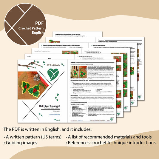 PDF page mock-ups for holly leaf ornament crochet pattern.