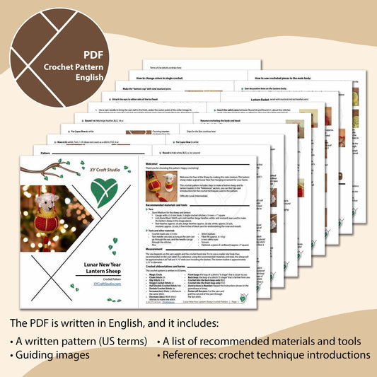 Page samples from the crochet pattern PDF of a Lunar New Year Sheep sitting in a red lantern basket