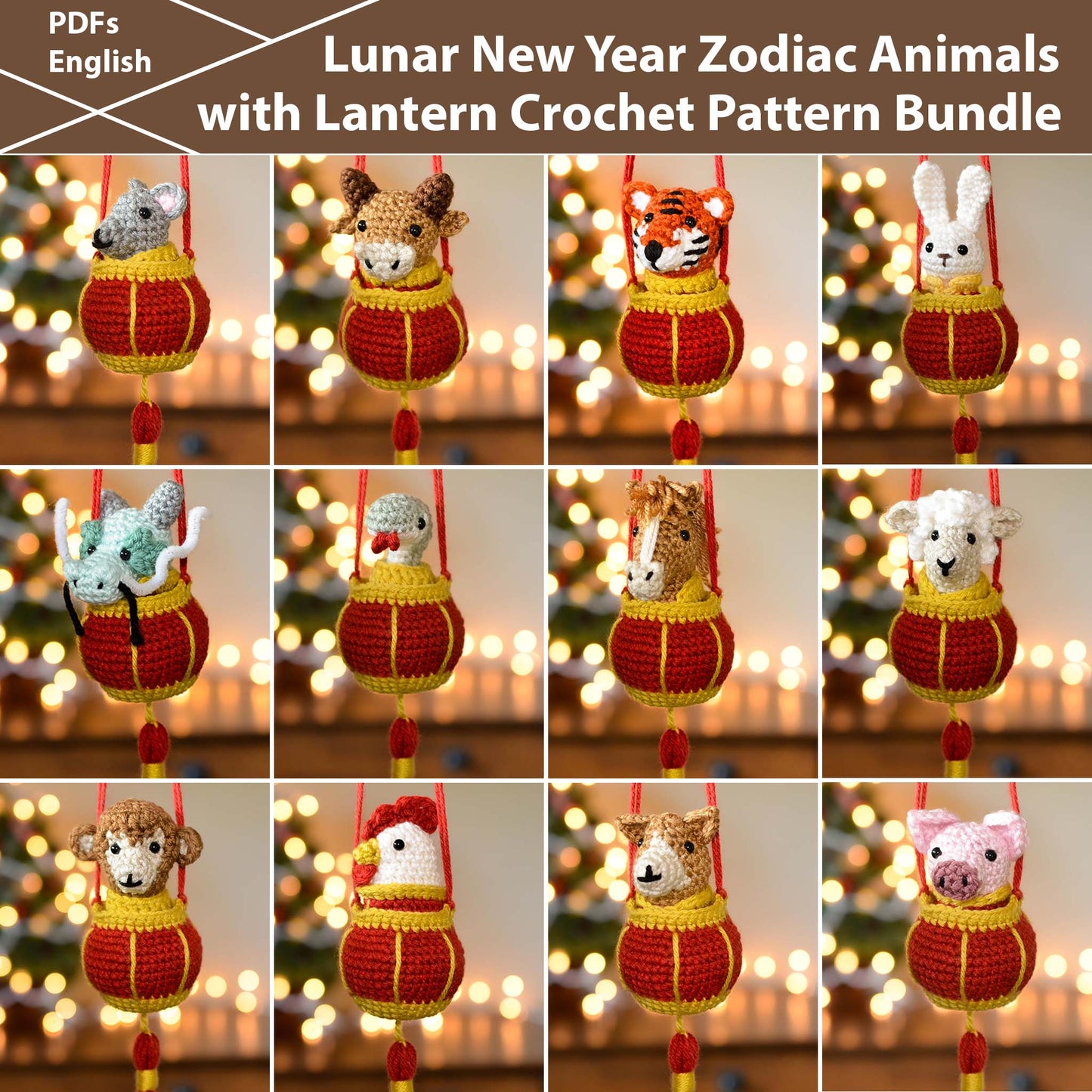 12-in-1 Lunar New Year Zodiac Animals with Lantern Crochet Pattern Bundle