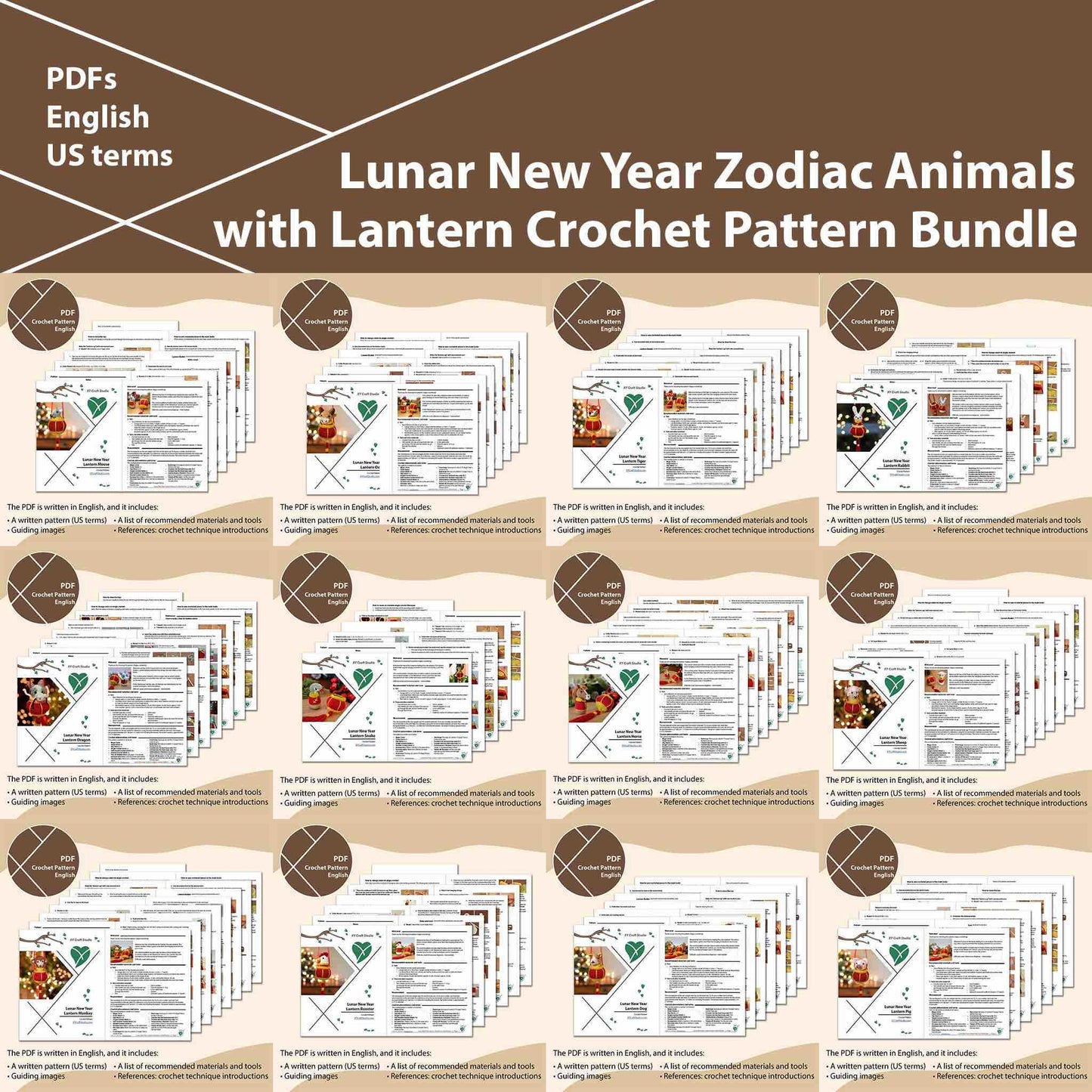 12-in-1 Lunar New Year Zodiac Animals with Lantern Crochet Pattern Bundle