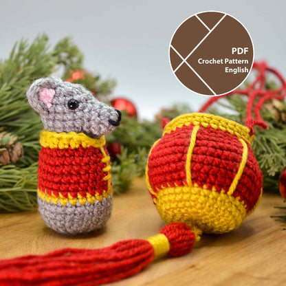 crochet pattern for a lunar new year mouse and a red lantern. A label on the right corner indicates that this listing is a crochet pattern PDF, written in English.