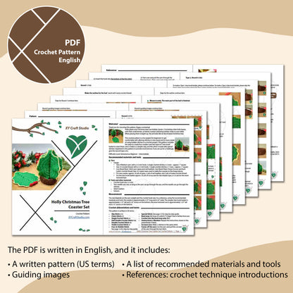 Holly Christmas Tree Coaster Set crochet pattern PDF sample page preview