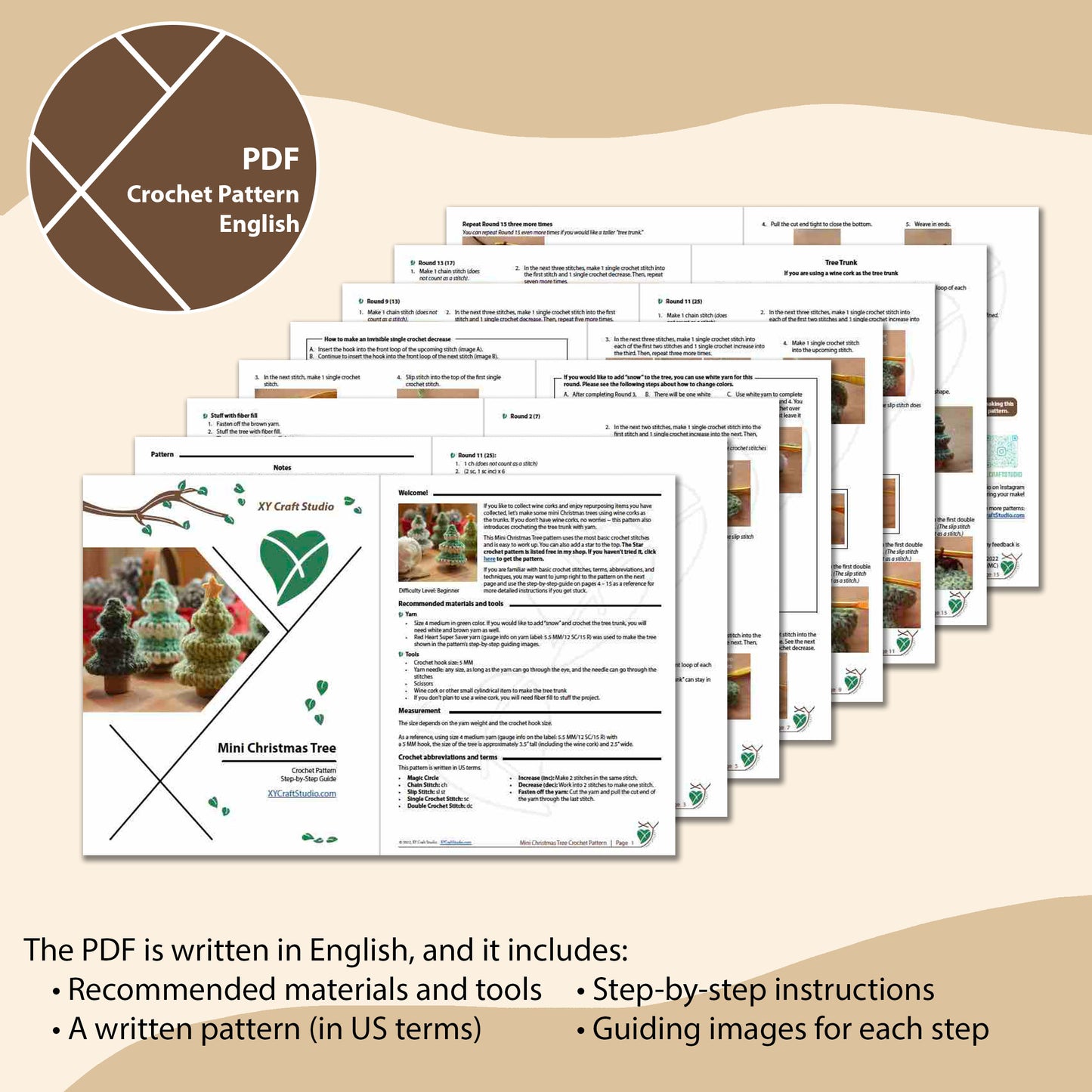 Mini Christmas Tree crochet pattern PDF sample pages preivew