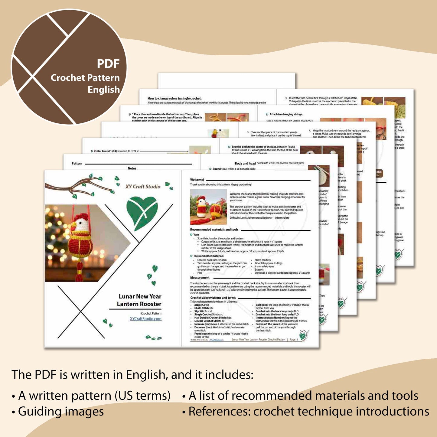 Lunar New Year Lantern Rooster Crochet Pattern PDF page samples
