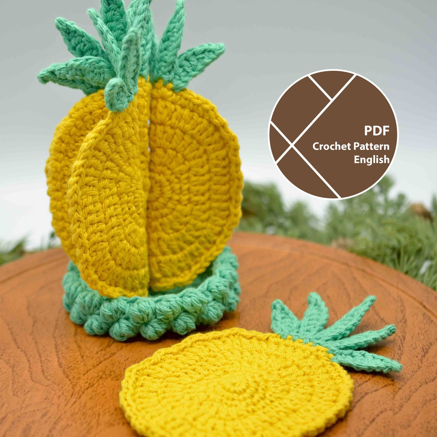 A set of crochet pineapple coasters and a bubbly bowl, with a PDF crochet pattern icon in the top right corner.