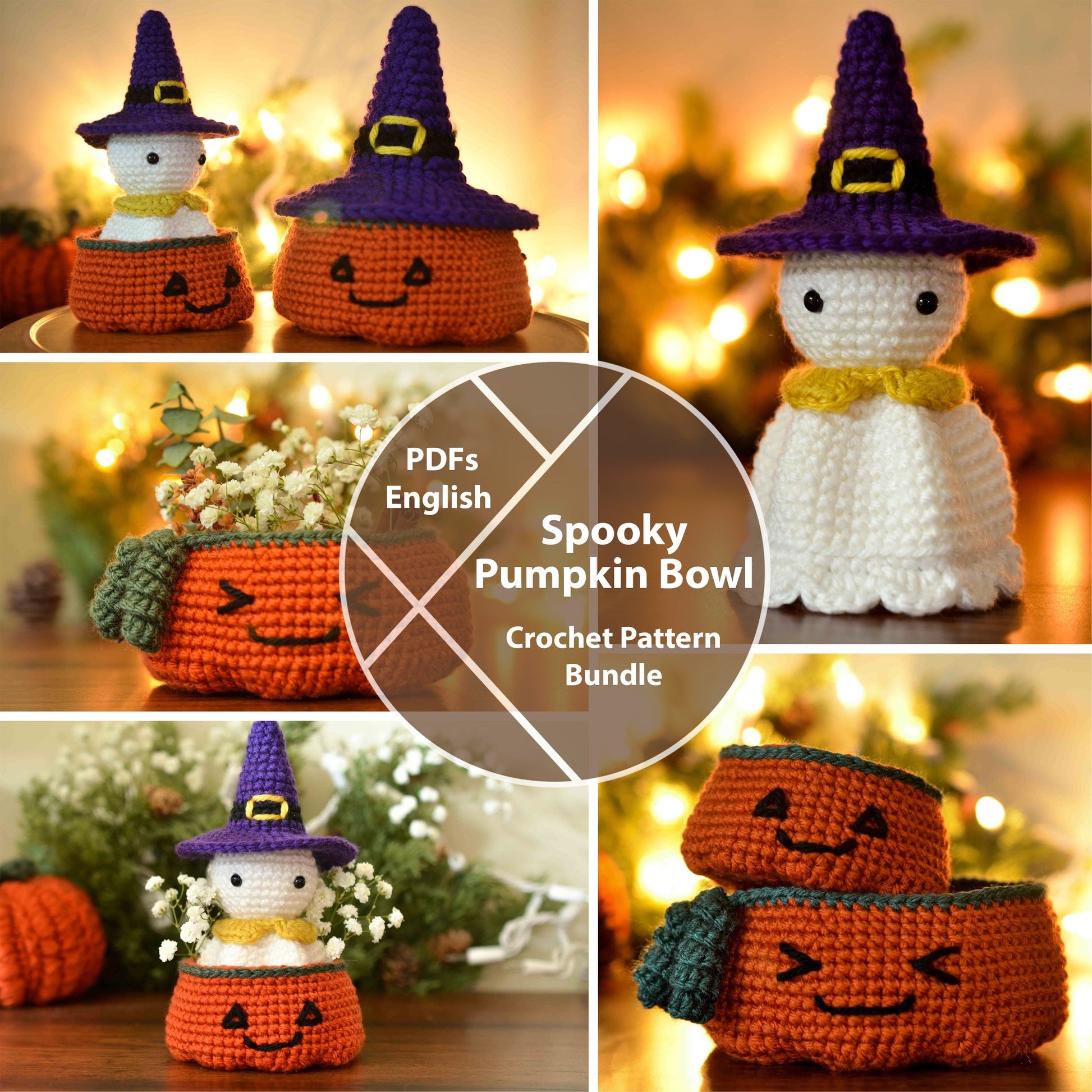 A collage of images showing the results of a crochet pattern bundle for making Halloween-themed amigurumi, including a ghost, a pumpkin bowl, and a witch's hat. 