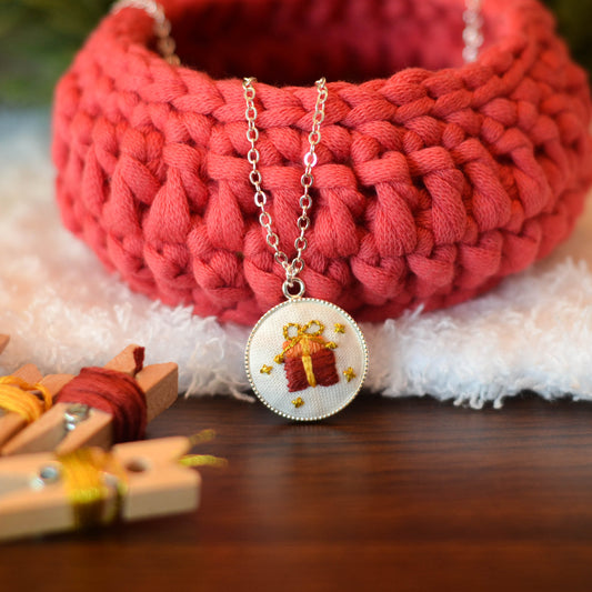 Gift Box Necklace (Hand-Embroidered)