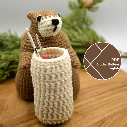 A crochet pattern for making a groundhog and a basket for crochet hooks. 