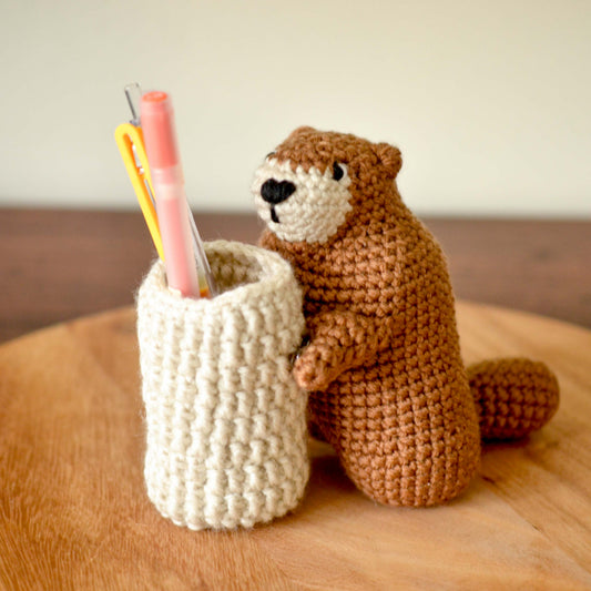 Crocheted Groundhog Pen Holder, Amigurumi