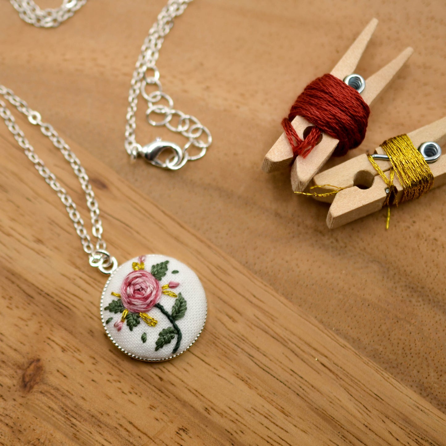 Botanical Embroidery Necklace, Hand-Embroidered Floral Design