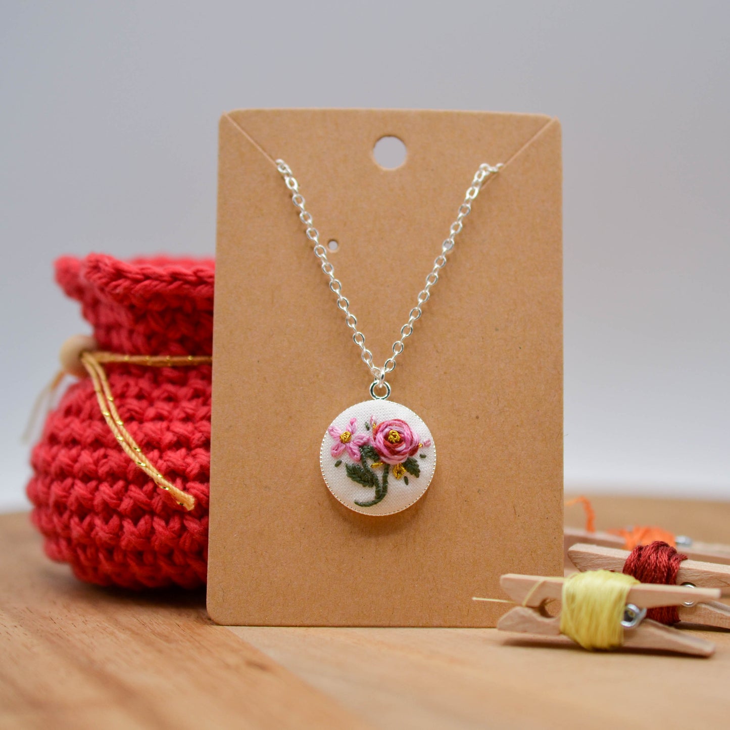 Botanical Embroidery Necklace, Hand-Embroidered Floral Design