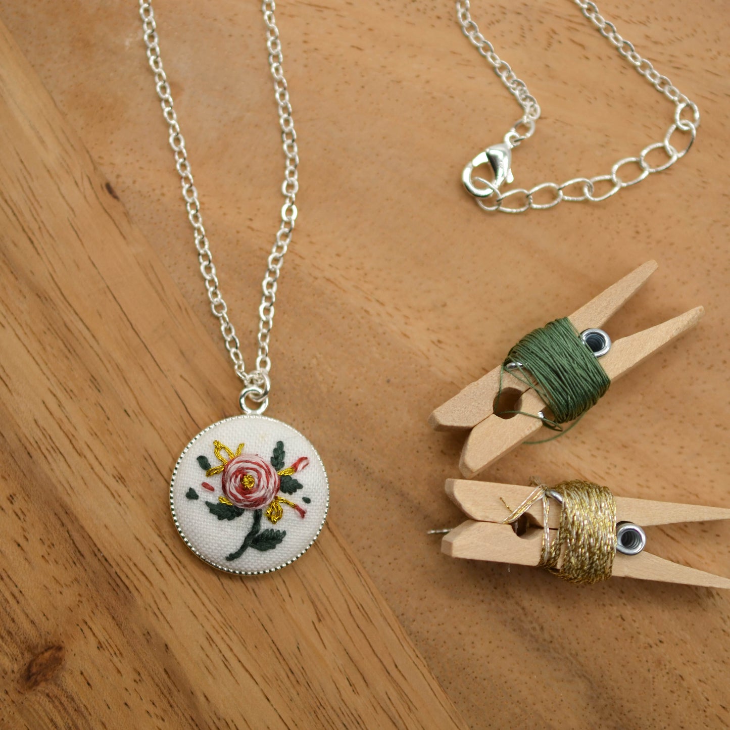 Botanical Embroidery Necklace, Hand-Embroidered Floral Design