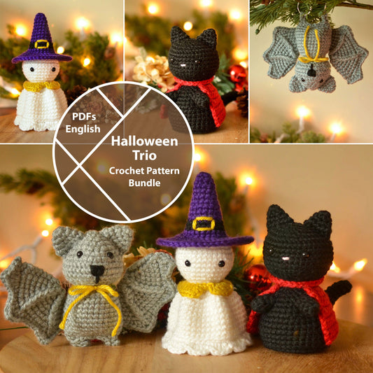 Halloween Trio: Ghost, Black Cat, and Bat Crochet Patterns