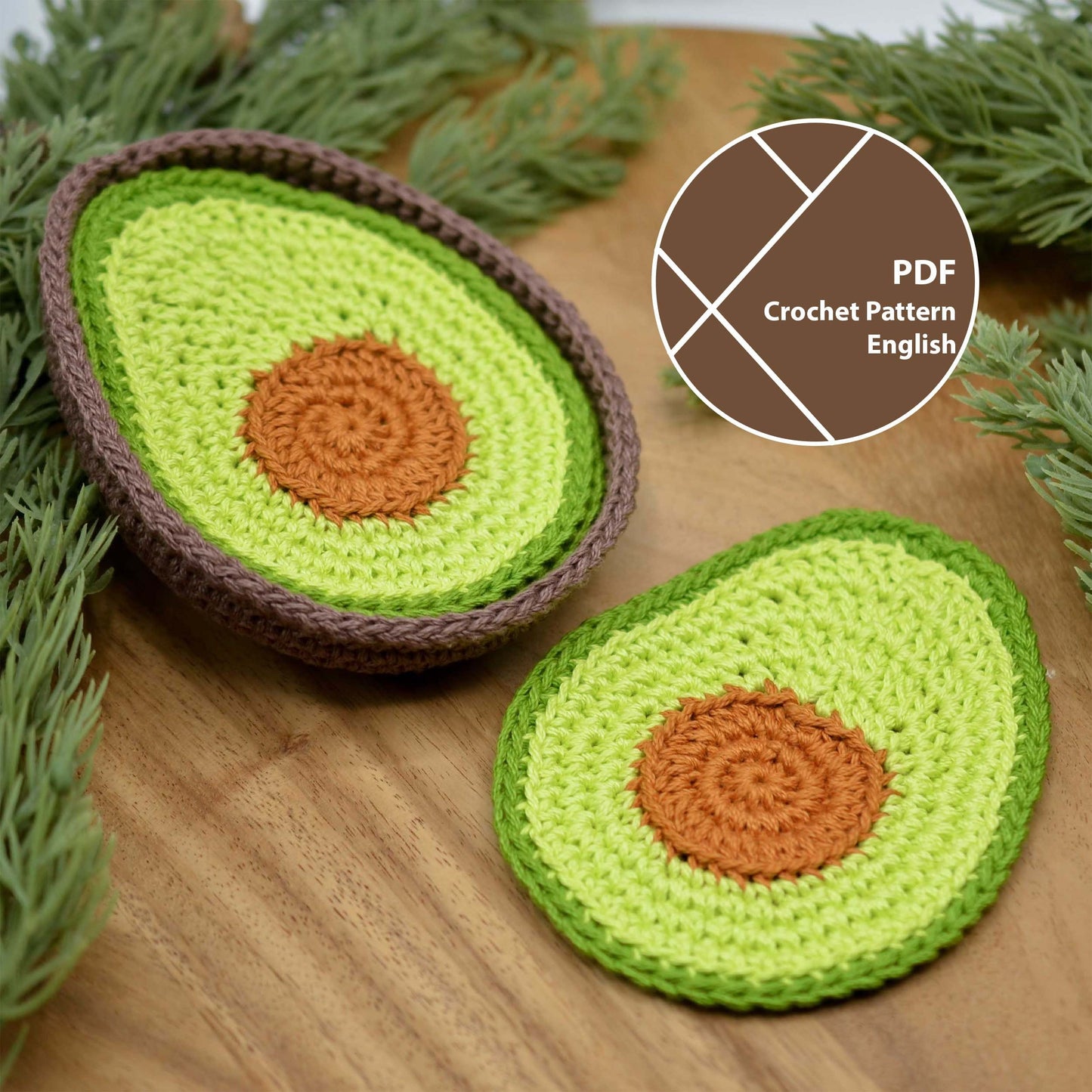 Avocado Duo Crochet Pattern Bundle: Coaster Set, Tray and Pin Cushion