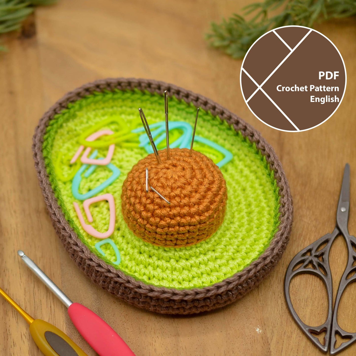 Avocado Duo Crochet Pattern Bundle: Coaster Set, Tray and Pin Cushion