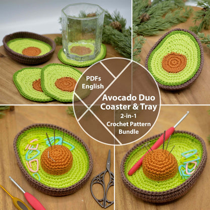 Avocado Duo Crochet Pattern Bundle: Coaster Set, Tray and Pin Cushion