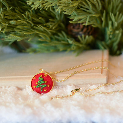 Hand-Embroidered Christmas Tree Necklace