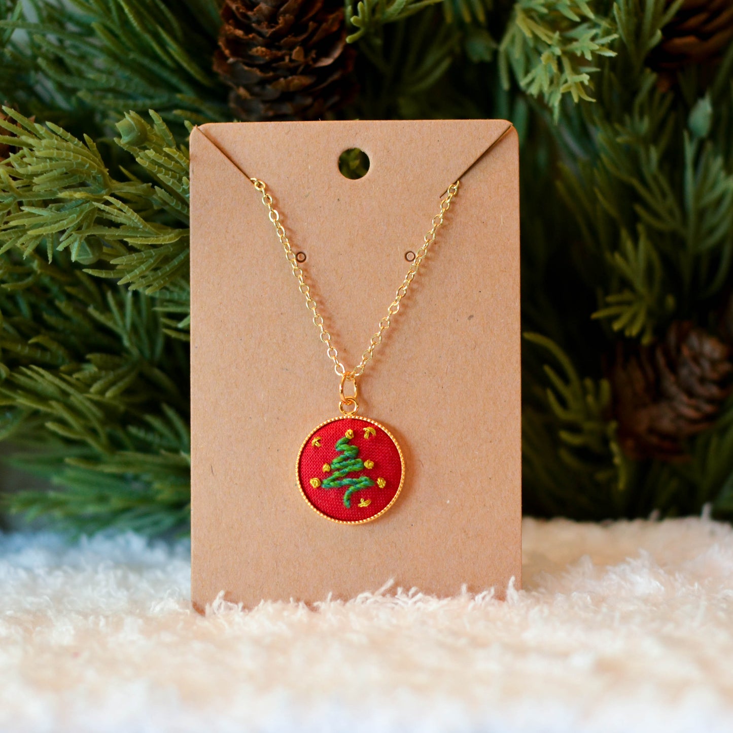 Hand-Embroidered Christmas Tree Necklace