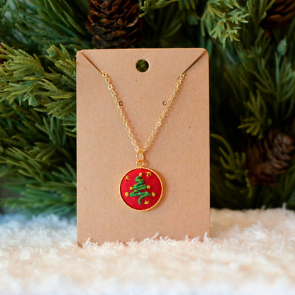 Hand-Embroidered Christmas Tree Necklace