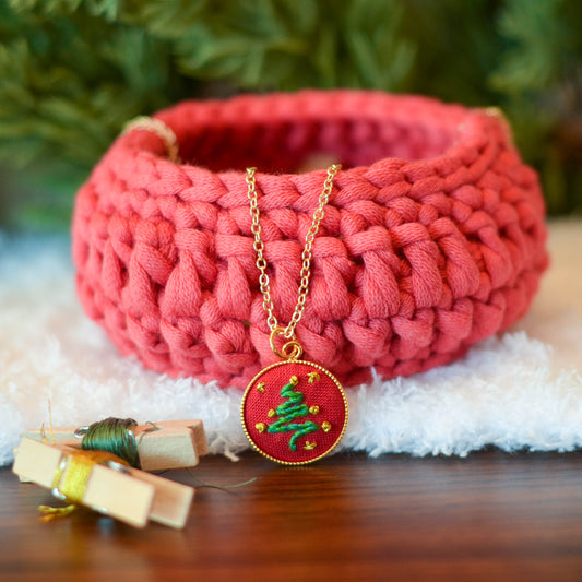 Hand-Embroidered Christmas Tree Necklace